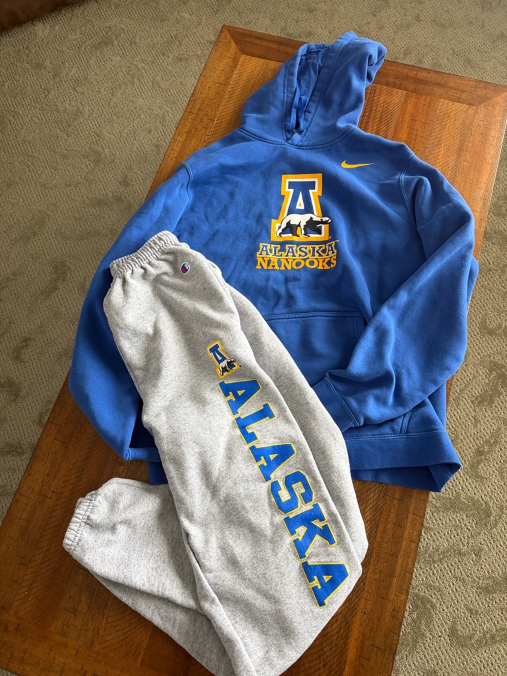 Nike Blue Alaska Nanooks Hoodie with Gray Sweatpants Champion